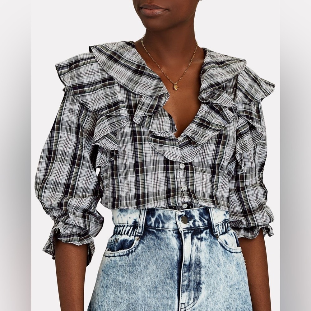 VERONICA BEARD Itha Ruffled Check Plaid Cotton-Blend Voile Multi Shirt EUC Sz 8